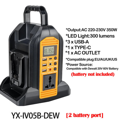 350W Power Inverter for Dewalt 20V 60V Li-ion Battery 4-Port Pure Sine Wave Inverter 20V to 120V/220-230V for Outdoor Camping
