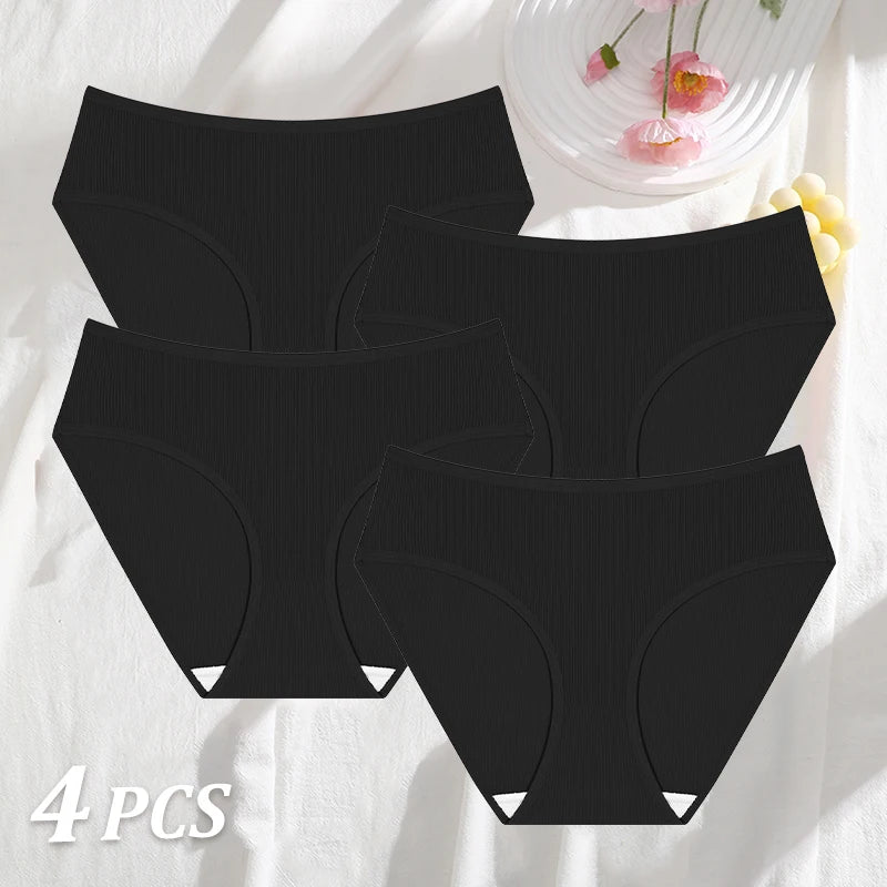 4PCS/SET Striped Ribbed Panties Set Women Mid Waist Breathable High Elastic Comfortable Sports Briefs Solid Color Daily Lingerie