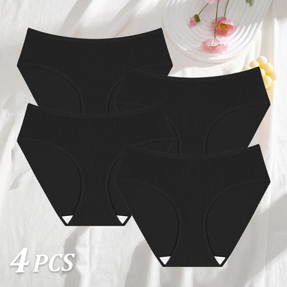4PCS/SET Striped Ribbed Panties Set Women Mid Waist Breathable High Elastic Comfortable Sports Briefs Solid Color Daily Lingerie