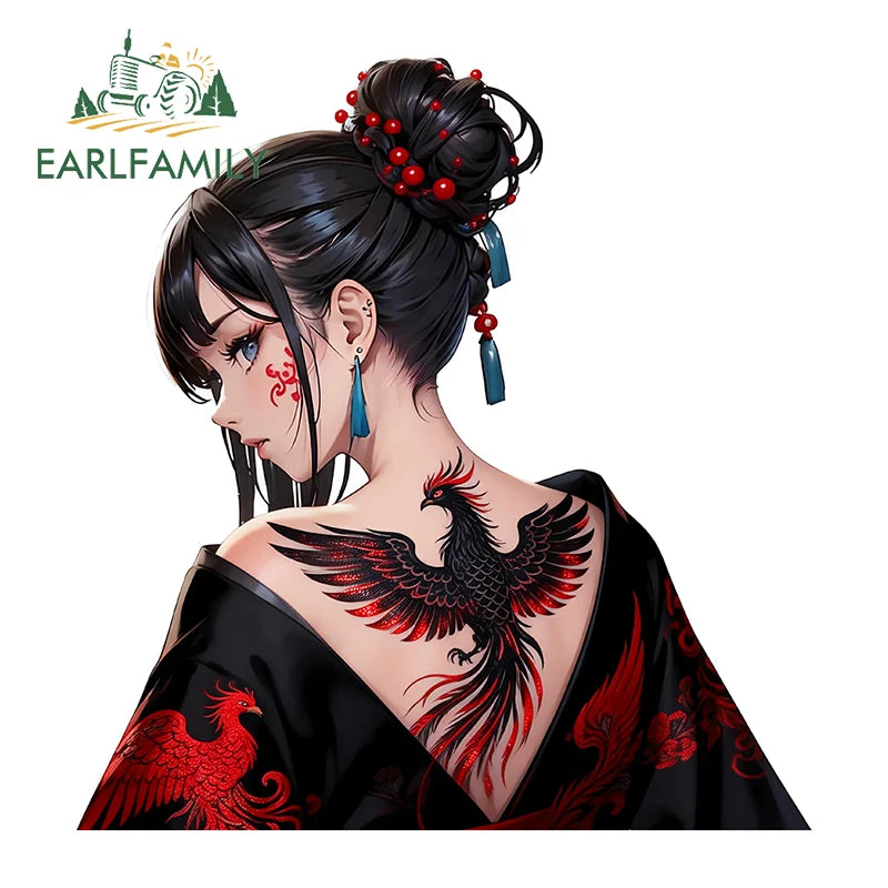 EARLFAMILY Tattooed Geisha Motorcycle Stickers Character Campervan Rear Windshield Decal Simple Practical Sunscreen DIY Car Body