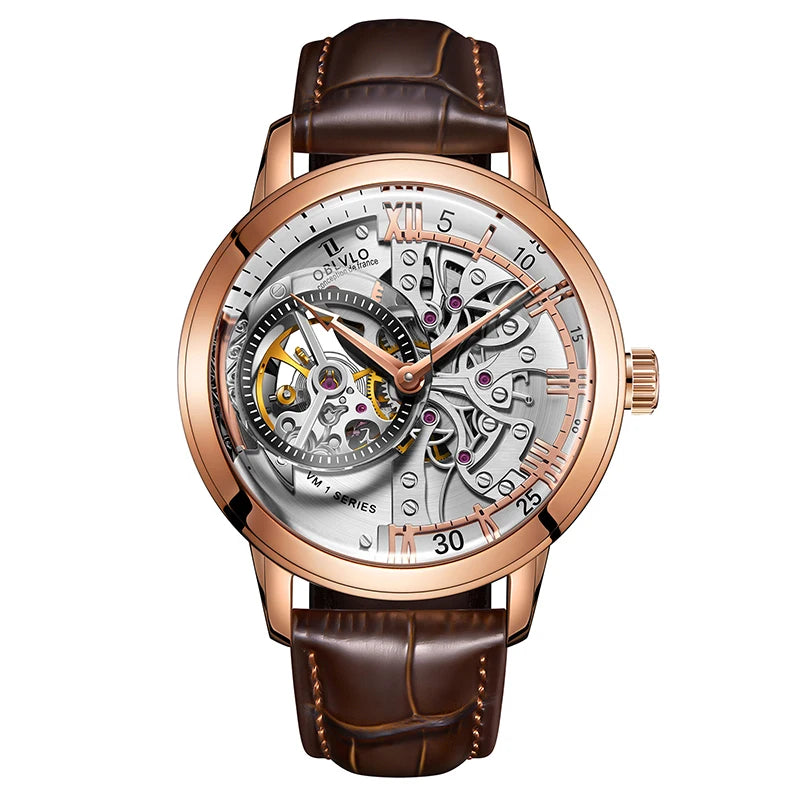 OBLVLO Luxury Retro 45mm Dial Skeleton Automatic Watches For Men Calfskin Strap Mineral Crystal Waterproof Mechanical Watch VM