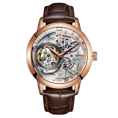 OBLVLO Luxury Retro 45mm Dial Skeleton Automatic Watches For Men Calfskin Strap Mineral Crystal Waterproof Mechanical Watch VM