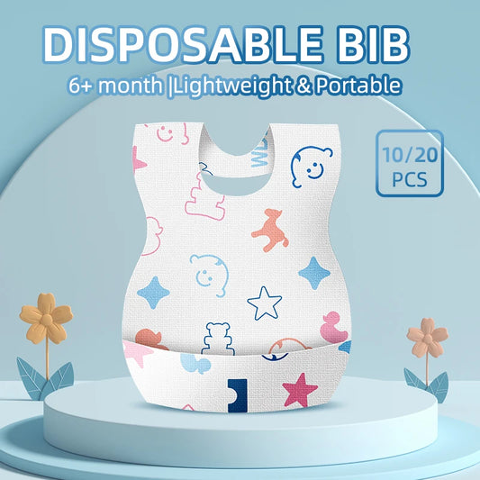 Available in packs of 10 or 20 disposable bibs, ideal for kids aged 1–6. Waterproof feeding bibs, easy to carry and use.