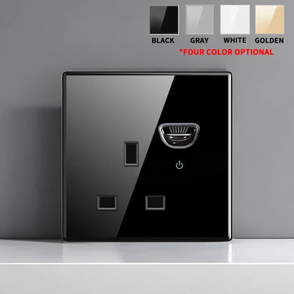 British French Standard Tempered Glass Switch Socket with Indicator Light Self-Reset 1 2 3 4 Gang Wall Panel Outlets 2usb Socket