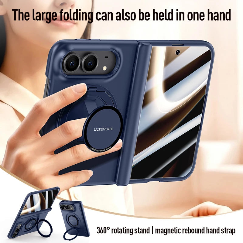 For Magsafe Magnetic Metal 360 Rotating Holder With Tempered Glass Film Protect Phone Case For iPhone Duo Spring Hinge Cover