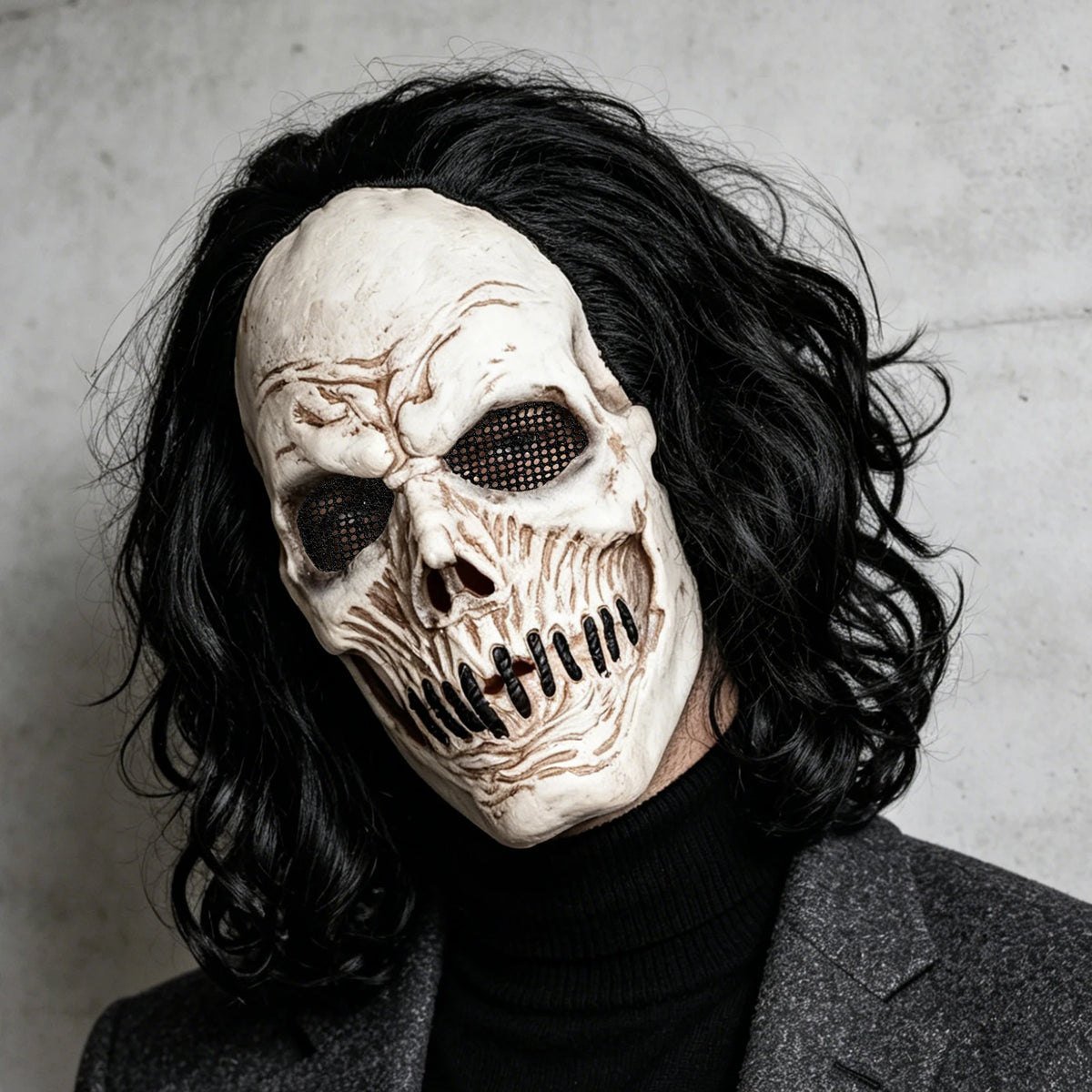 Black Long-Haired Skull Mask, Perfect for Holiday Parties, Halloween Pranks, Masquerade Balls, and Carnival Parties, Made of Latex