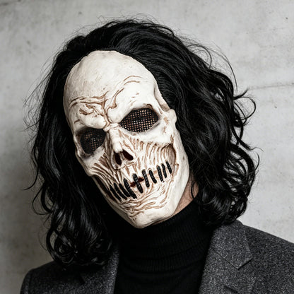 Black Long-Haired Skull Mask, Perfect for Holiday Parties, Halloween Pranks, Masquerade Balls, and Carnival Parties, Made of Latex