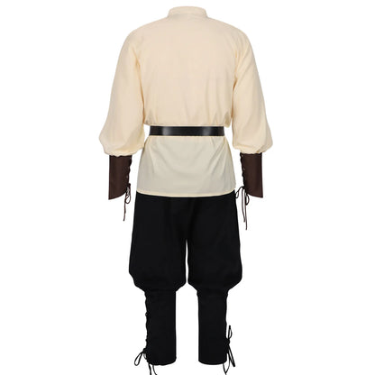 Men's Medieval Pirate Costume Renaissance LARP Shirt with Belt, Retro Gothic Lace-up Top & Pants Set for Halloween Cosplay