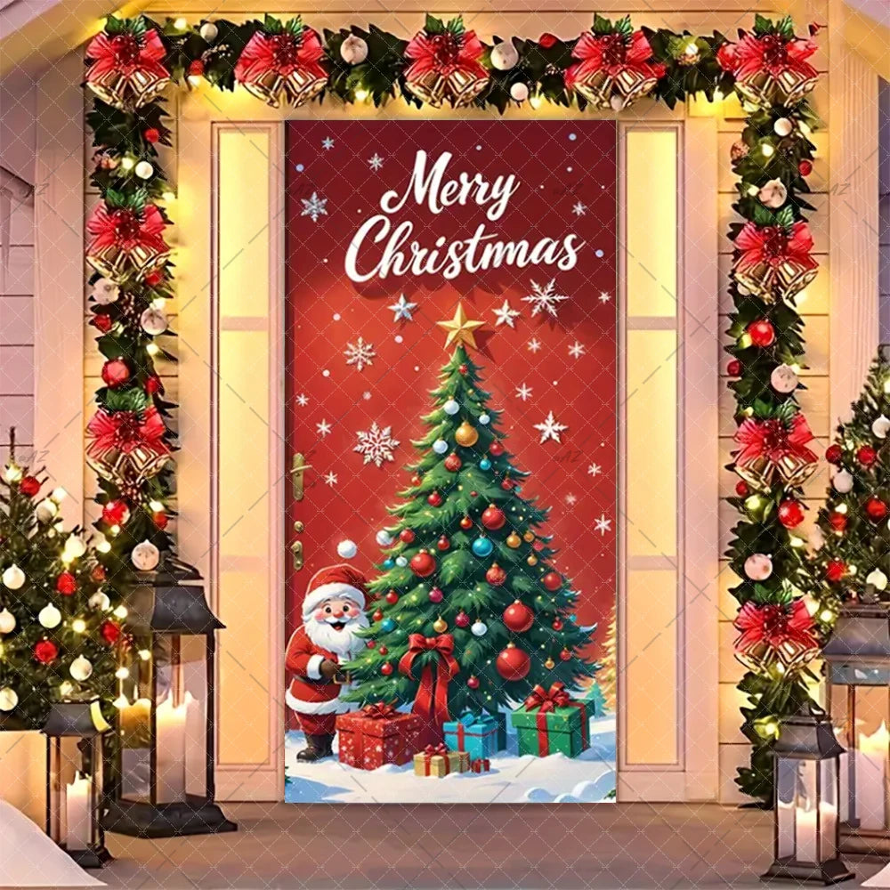 Christmas Humorous Santa Claus And Elk Door Banner Party Decorations Indoor Outdoor Veranda Door Cover Supplies Festive Gifts