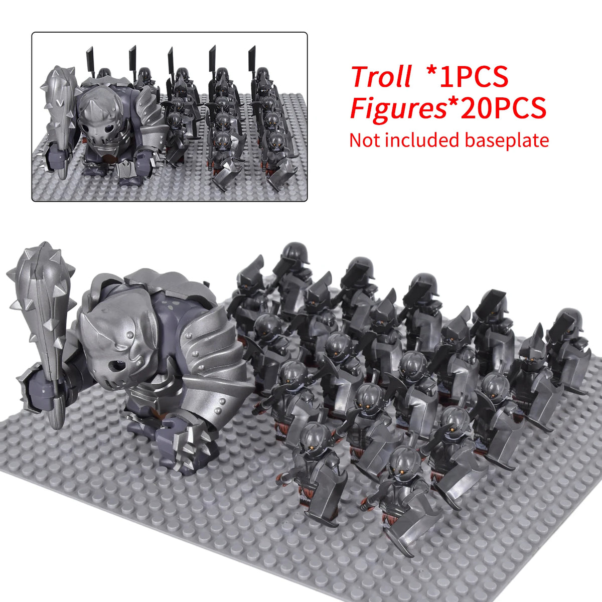 Orc Warrior Block Figures Set, Giant Troll Monster + 20Pcs Armored Soldier Models, Fantasy Army Building Bricks, Detailed Armor