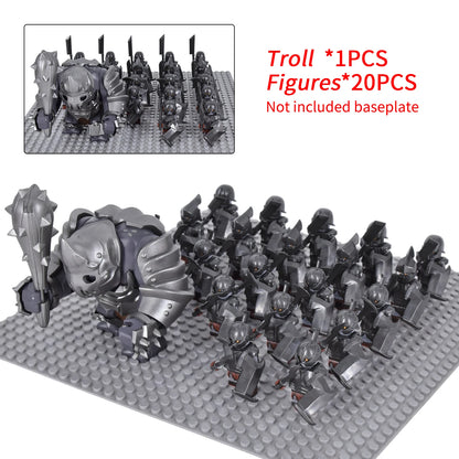 Orc Warrior Block Figures Set, Giant Troll Monster + 20Pcs Armored Soldier Models, Fantasy Army Building Bricks, Detailed Armor