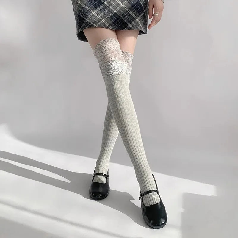 Women's Lace Trim Over the Knee Socks Lolita Ruffle Top Thigh High Stockings Japanese Style Knit Long Socks Casual Slouch Socks
