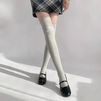 Women's Lace Trim Over the Knee Socks Lolita Ruffle Top Thigh High Stockings Japanese Style Knit Long Socks Casual Slouch Socks