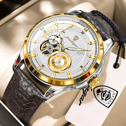 POEDAGAR High Quality Luxury Men Watch Fashion Hollow Tourbillon Man Clock Automatic Mechanical Leather Men's Watches Male Reloj