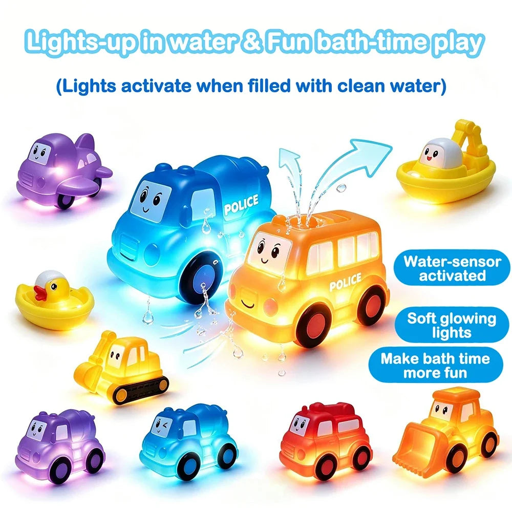 1 Set Cute Cartoon Car Light Up Toy, Vinyl Touch Sensor Vehicle, Colorful Flashing Water Toy for Baby Bath Gift Baby Bath Toys