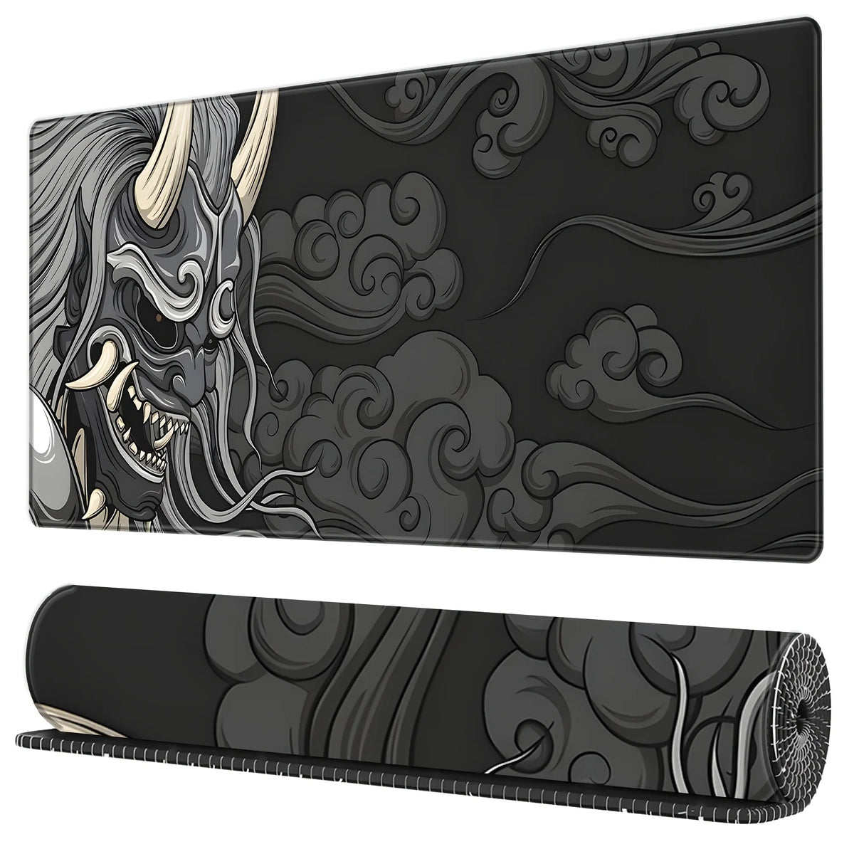 Large Gaming Mouse Pad - Artisan Desk Mat with Yokai Design, Washable Non-Slip Rubber Base, Black & Gray Japanese Monster Art
