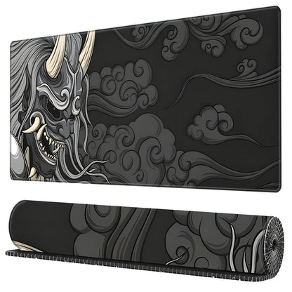 Large Gaming Mouse Pad - Artisan Desk Mat with Yokai Design, Washable Non-Slip Rubber Base, Black & Gray Japanese Monster Art