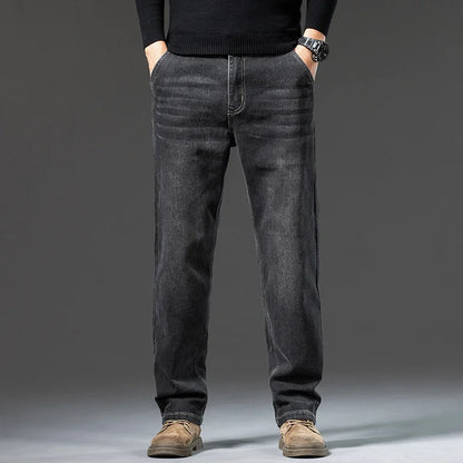 Men's Winter Fleece Thicken Lightweight Business Straight Leg Jeans Solid Color Versatile Slight Elastic Long Pants