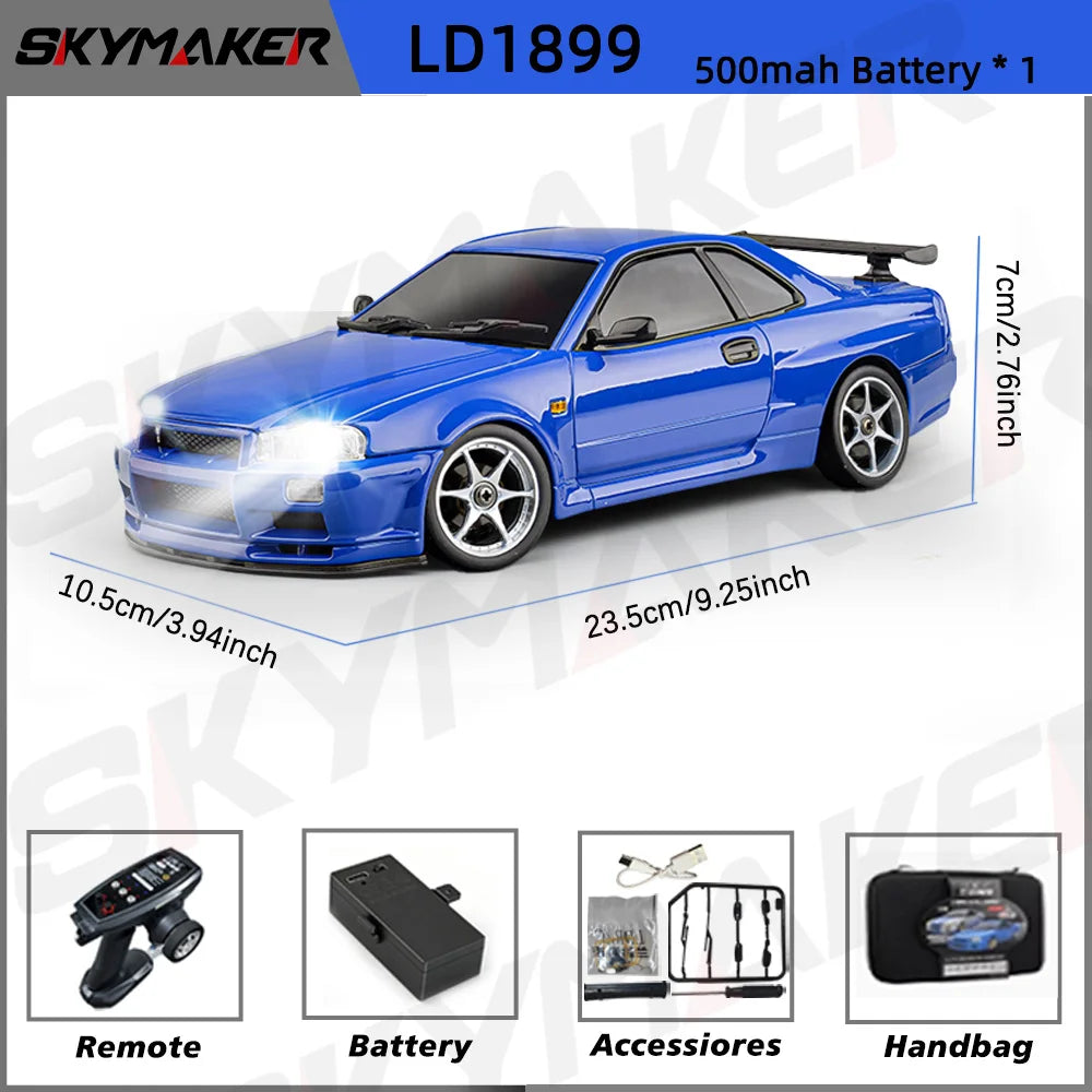 Skymaker LDRC 1/18 RC Drift Car LD1899 GTR Mode R34 2.4GHz RWD with Gyroscope on-Road Alloy Body Shell Racing Car for Boys Gifts