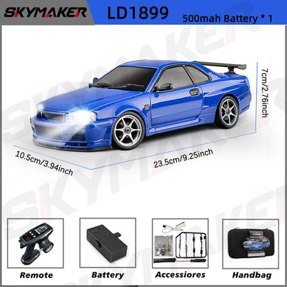 Skymaker LDRC 1/18 RC Drift Car LD1899 GTR Mode R34 2.4GHz RWD with Gyroscope on-Road Alloy Body Shell Racing Car for Boys Gifts