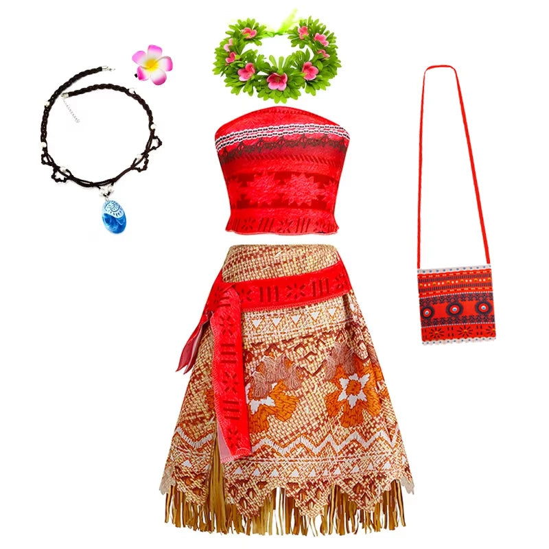 Girls Moana Princess Dress for Kids Carnival Cosplay Vaiana Costume Children Birthday Party Headwear Necklace Flower Clothes Set