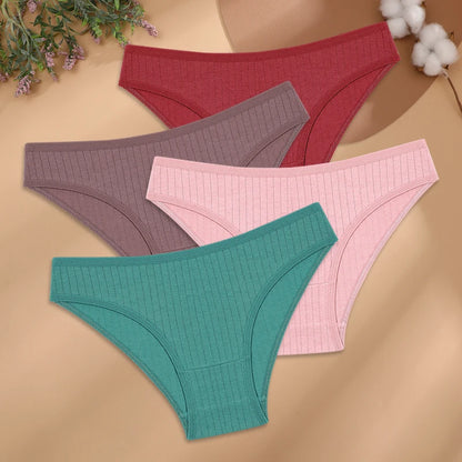 4Pcs/Set Cotton Panties Women Striped Solid Color Briefs Sexy Low-Waist Breathable Underpants Ladies Soft Stretch Lingerie M-XL