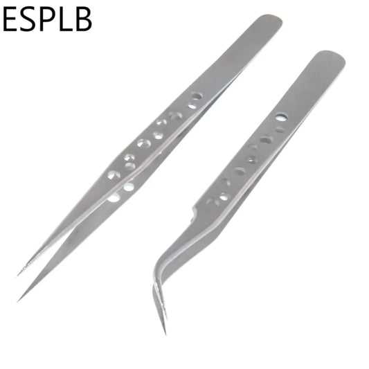 ESPLB Anti-Static Precision Stainless Curved Straight Tip Electronics Industrial Tweezers Silver/Black Phone Repair Hand Tools