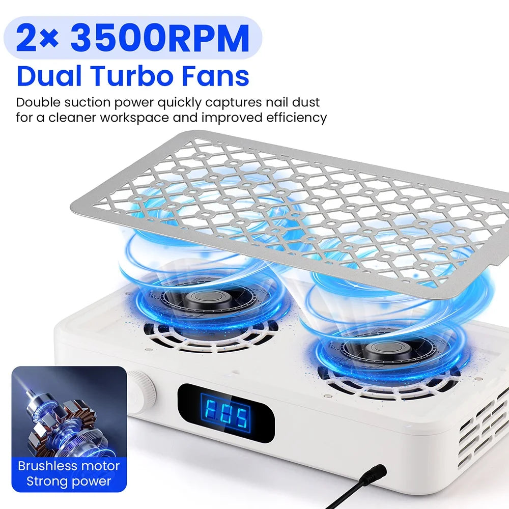 2500/2800/3000/3300/3500rpm Speed Adjustable Brushless Nail Dust Collector Powerful Twin Turbo Vacuum Nail Dust Extractor