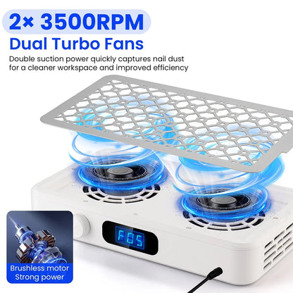 2500/2800/3000/3300/3500rpm Speed Adjustable Brushless Nail Dust Collector Powerful Twin Turbo Vacuum Nail Dust Extractor