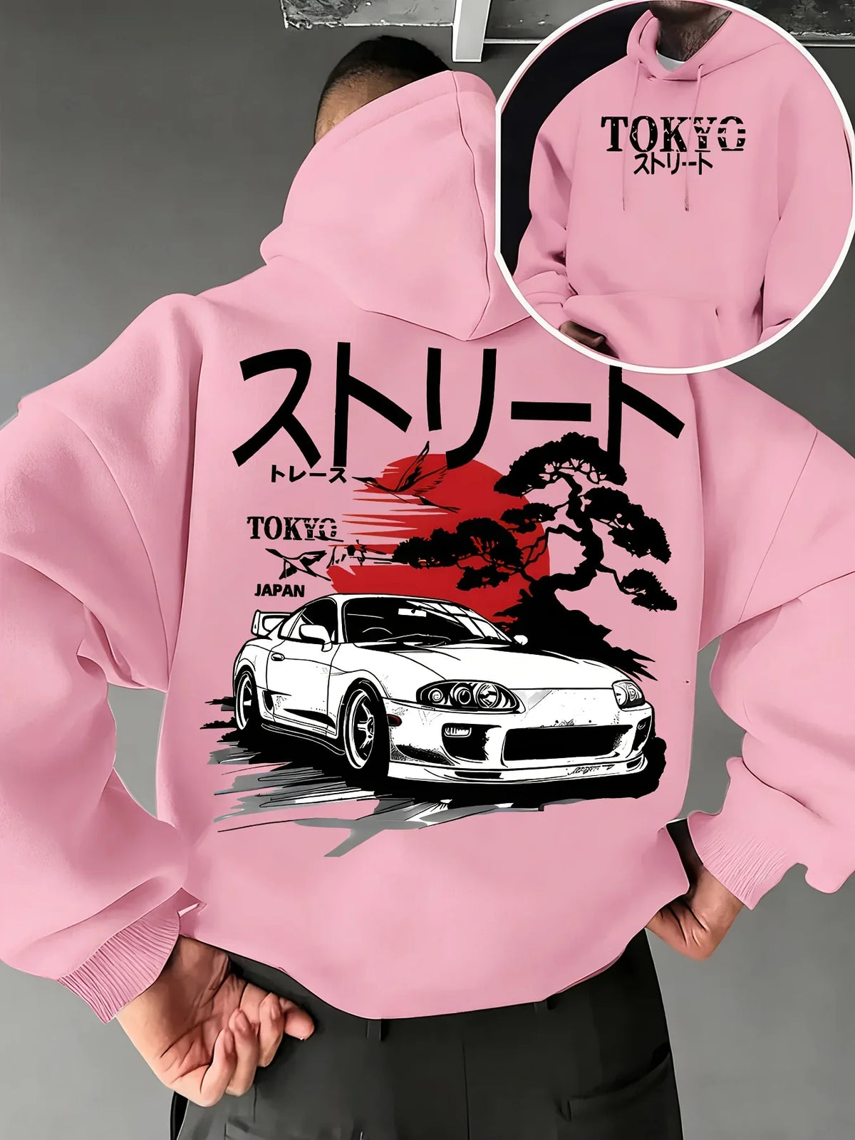 Men Oversized Hoodie JDM Supra Car TOKYO Japan Bonsai Sun Print Pullover Sweatshirt Autumn Winter Japanese Harajuku Street Tops