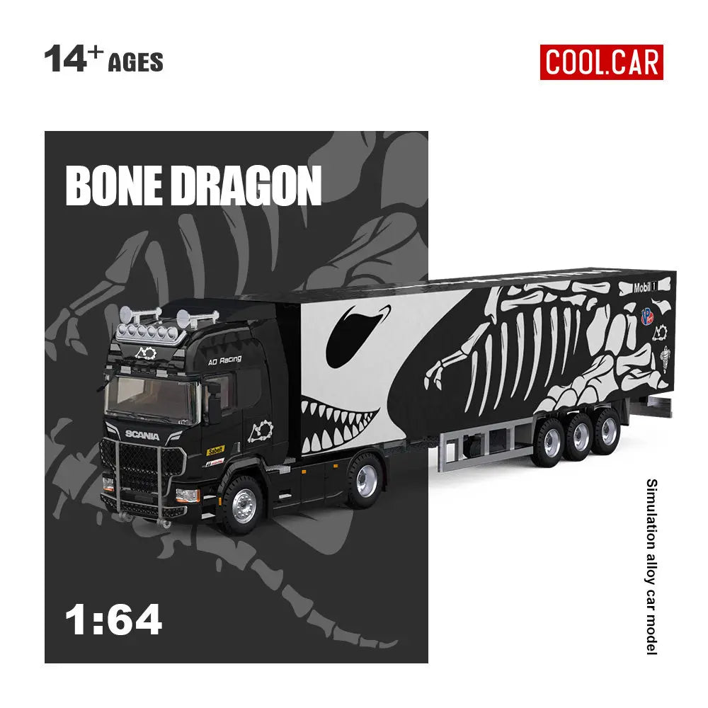 New Cool Car CC 1:64 Scania BONE DRAGON Skeleton Dinosaur Pink Panther Close Van Transport Trailer Alloy Car Model Diecast Toys