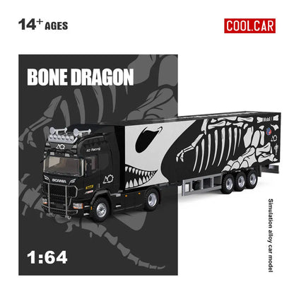 New Cool Car CC 1:64 Scania BONE DRAGON Skeleton Dinosaur Pink Panther Close Van Transport Trailer Alloy Car Model Diecast Toys