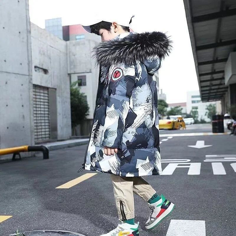 Winter Kids Thickened Long Coats Boys Camouflage Padded Hooded Cotton Jackets Plus Velvet Warm Outerwear Children Clothing