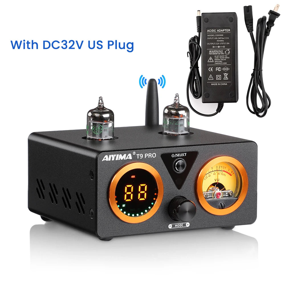 AIYIMA Audio T9 Pro Stereo Vacuum Tube Amplifier Bluetooth 5.1 QCC3040 Aptx USB DAC COAX OPT HiFi Home Digital Amp VU Meter 100w