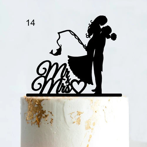 Fishing Style Wedding Cake Topper Funny Mr & Mrs Happy Birthday Hooked For Life Happy Retirement Acrylic Wooden Cake Decoration