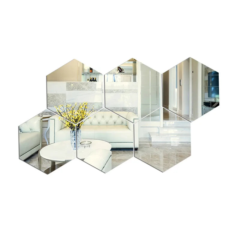 3D Hexagon Adhesive Decals Hexagon Shape Mirror Wall Stickers for Living Room DIY Mirror Wall Mural Modern Art Home Decor 6/12Pc
