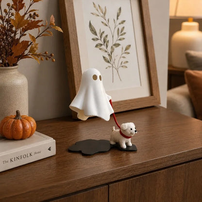 Ghost Walking Puppy Halloween Figurine, Cute White Dog and Ghost Tabletop Decor for Desk, Shelf, Office, Bedroom and Home & Gift