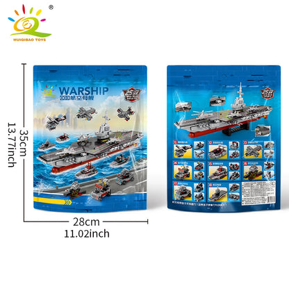 HUIQIBAO 562pcs 8in1 Military Ship Aircraft Cruiser Building Blocks Army Weapon Warship Truck Bricks City Toy for Children Gift