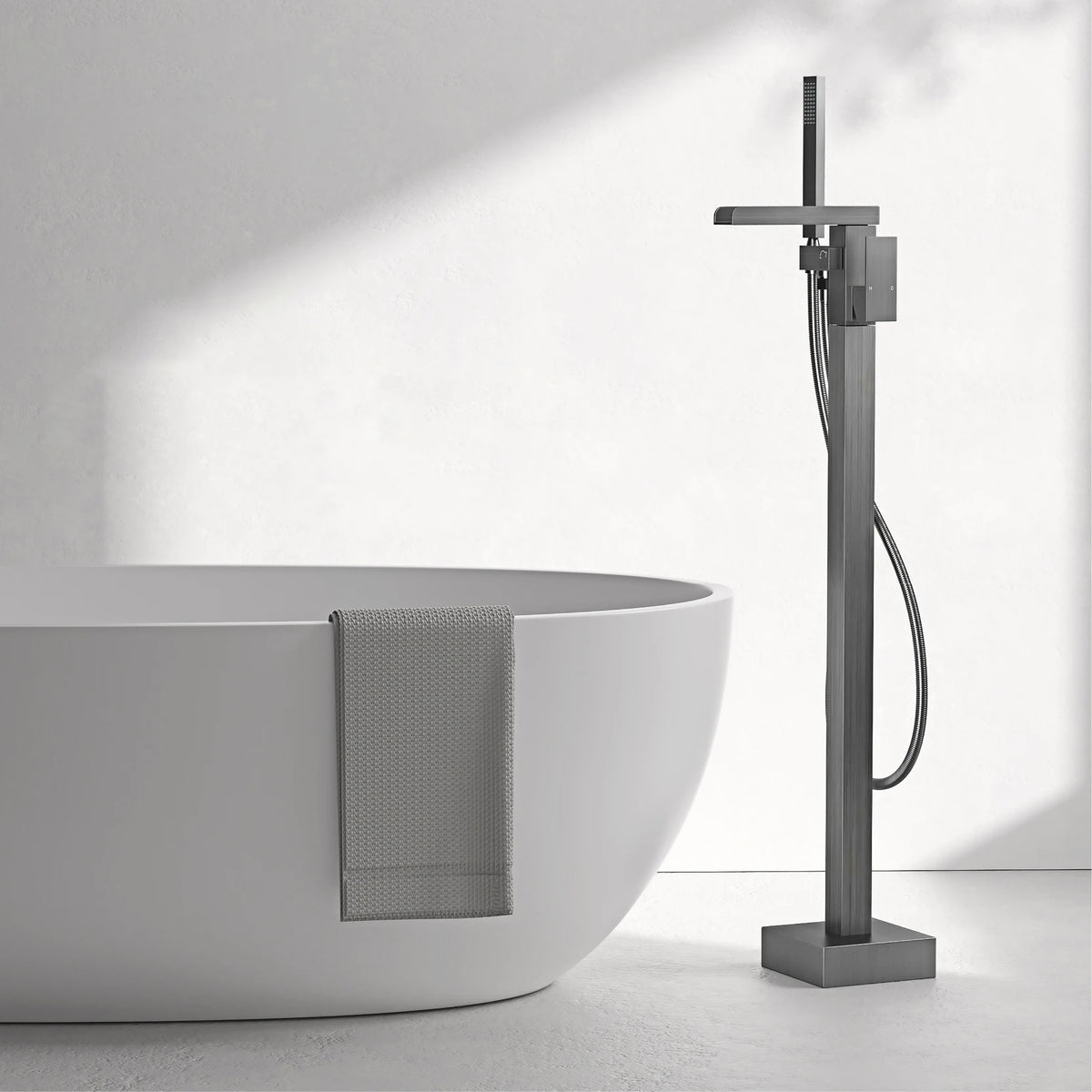 AITANA Luxury Black Brass Floor Standing Bathroom Faucet with Waterfall Water Outlet Design, Hot and Cold Bathtub Mixer