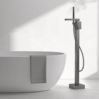 AITANA Luxury Black Brass Floor Standing Bathroom Faucet with Waterfall Water Outlet Design, Hot and Cold Bathtub Mixer