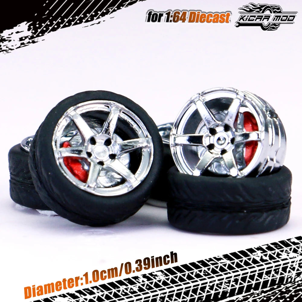 Kicarmod 1/64 Model Car ABS Wheels with Rubber Tire Brake Disc Refitting Parts Diameter 10mm For Model Car Tomica