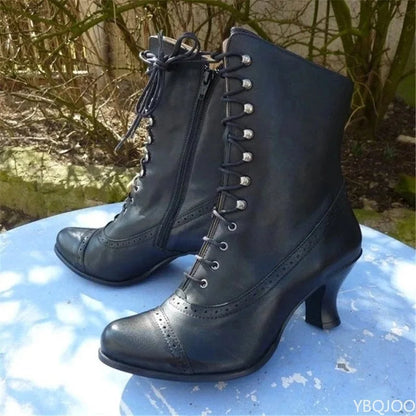 2025 Winter Lace Up Ladies High Heel Shoes Motocycle Boot Victorian Boots Women Fashion Pointed Toe Thick Soled Short Boot