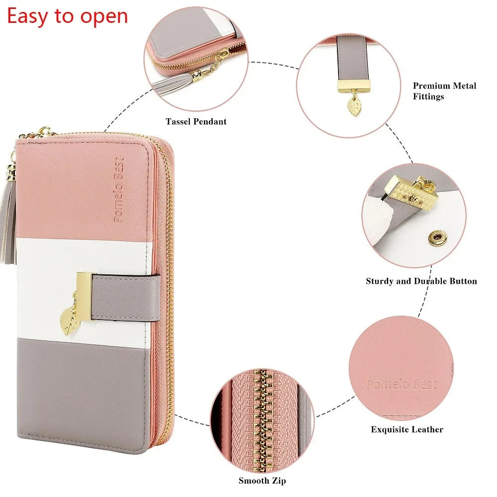 Pomelo Best Tri‑Color Women's Wallet PU Leather Long Zipper RFID Blocking Large Capacity 9 Card Slots Tassel Pendant Fits Phone