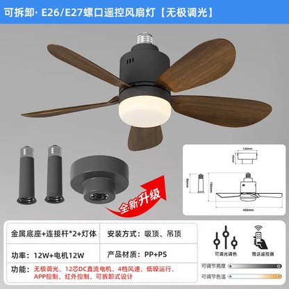 E26/E27 Socket LED Fan Light with Remote & APP 52.5cm 4 Speed Socket Ceiling Fans with Lighting Light Bulb Fan for Bedroom Home