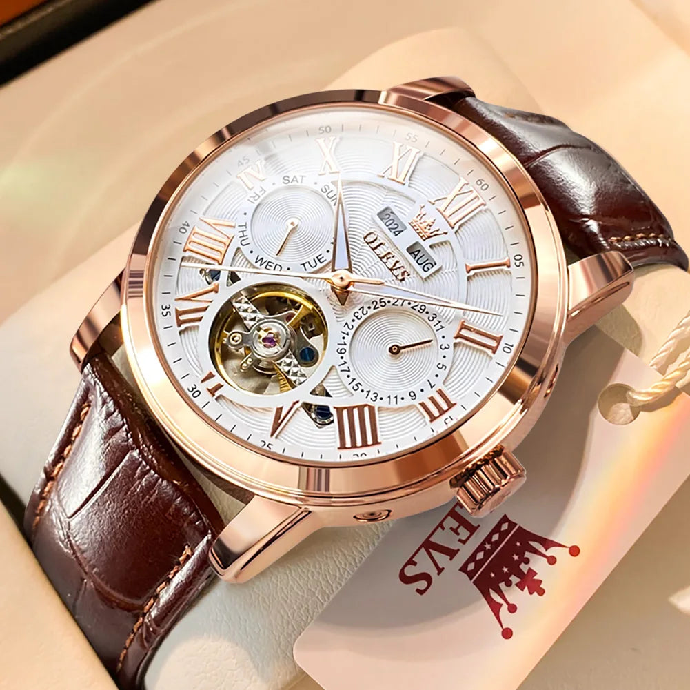 OLEVS 6668 Top Brand Men's Watches Trend Fashion Automatic Mechanical Wristwatch Leather Strap Waterproof Luminous Watch for Man