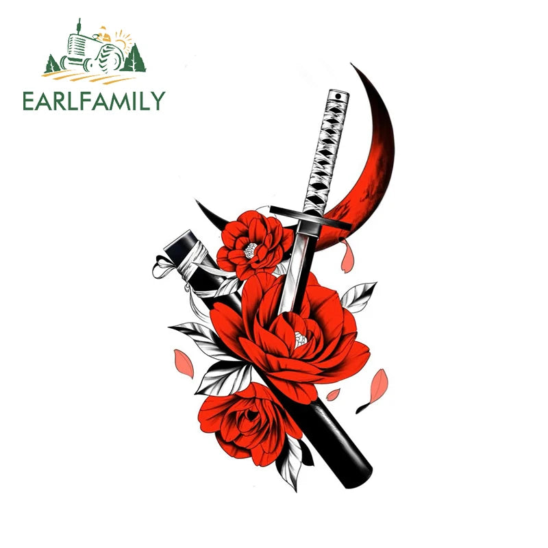 EARLFAMILY Samurai Theme Katana Design Car Stickers Cool Cartoon Picture Decal Amusing Motorcycle Car Body Occlusion Scratch