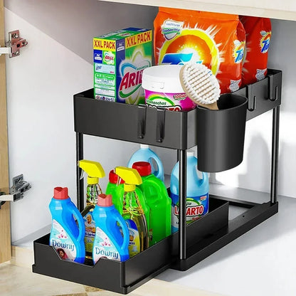 1Pc 2 Tier Under Sink Organizer Sliding Cabinet Basket Organizer Storage Rack with Hooks Hanging Cup Bathroom Kitchen Organizer