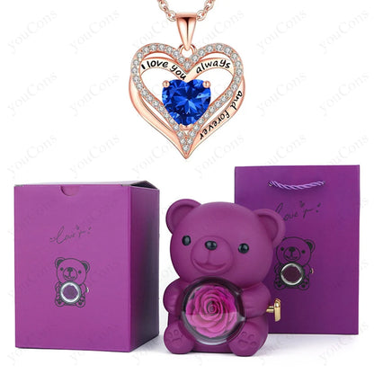 Red Heart Pendant Necklaces With Cute Bear Rose Gift Box For Women Mother Day 2026 Christmas Valentine Wedding Birthday Jewelry