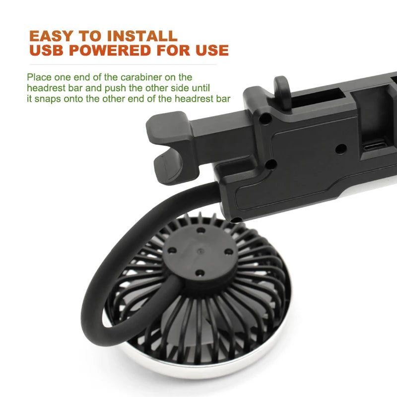 SEAMETAL Car USB Fan Dual Head Cooling Air Fan Independent Switch 3-Speed 360 Degree Adjustable Auto Headrest Fan for Rear Seat