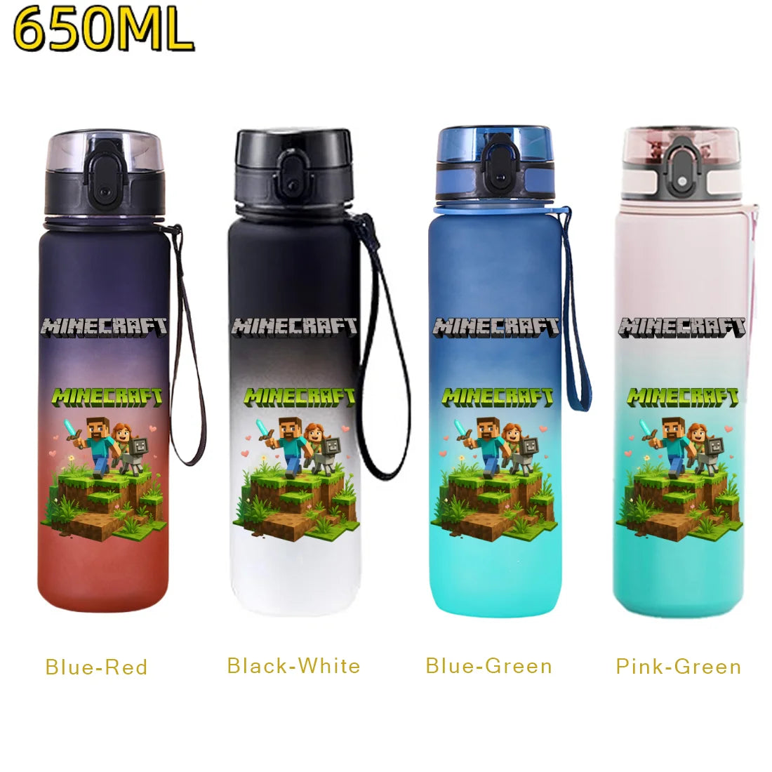 650ML Minecraft Sports Water Bottle LeakProof Plastic Cup Fitness Outdoor Shaker Drink Bottle Travel Office Jugs Birthday Gifts